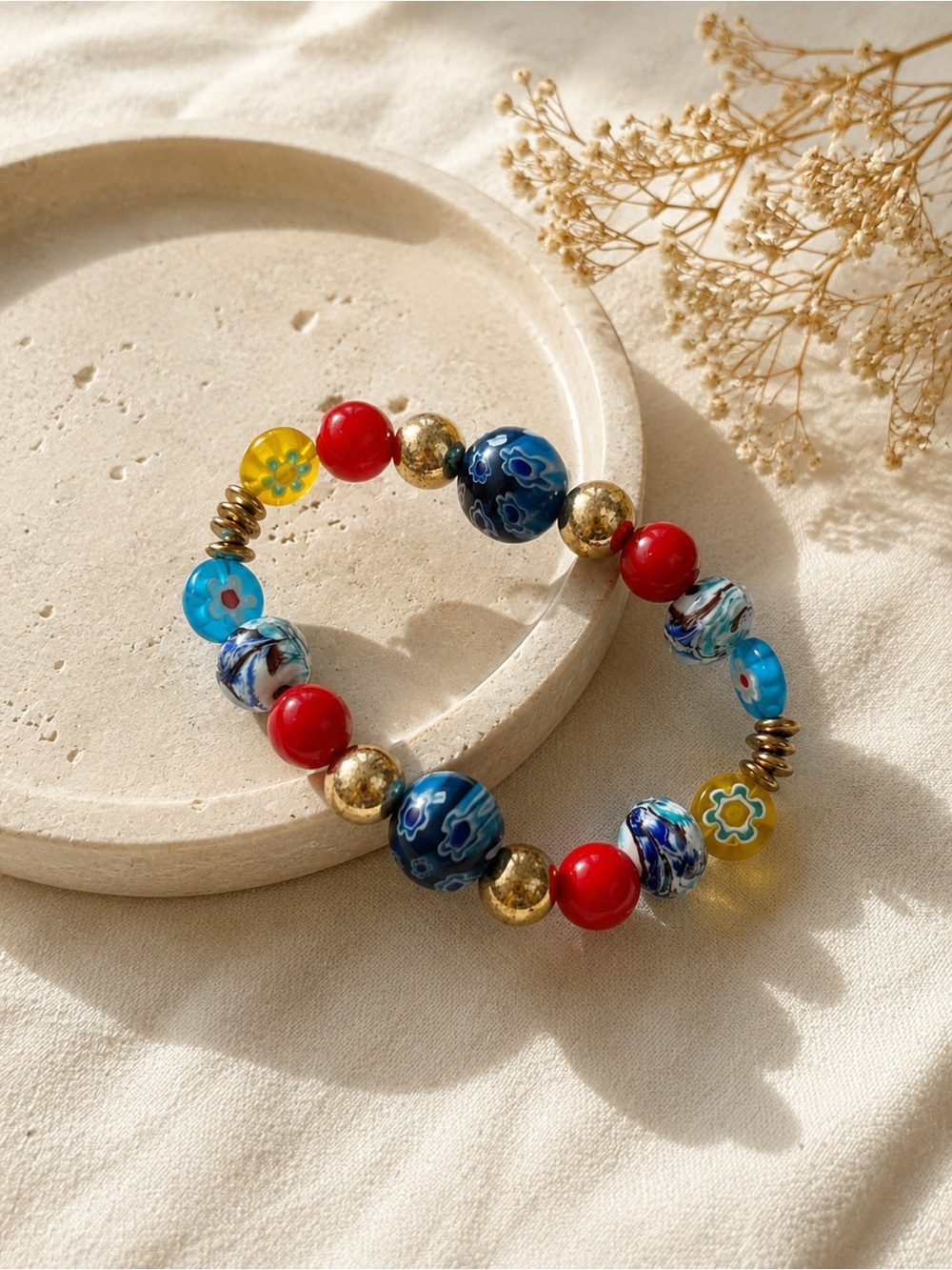 Vintage Multicolor Glass & Gold Bead Stretch Bracelet - Red, Blue, Yellow